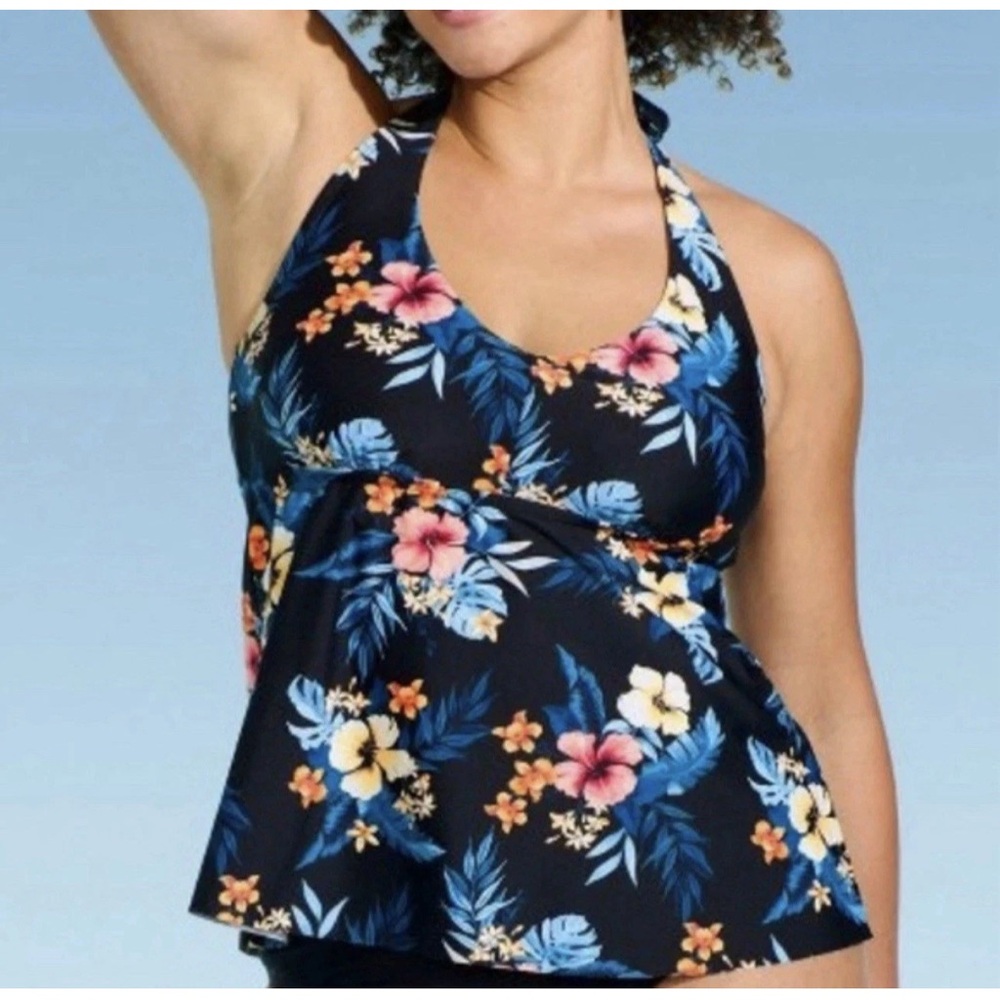 Lands' End Black Floral Tankini Top